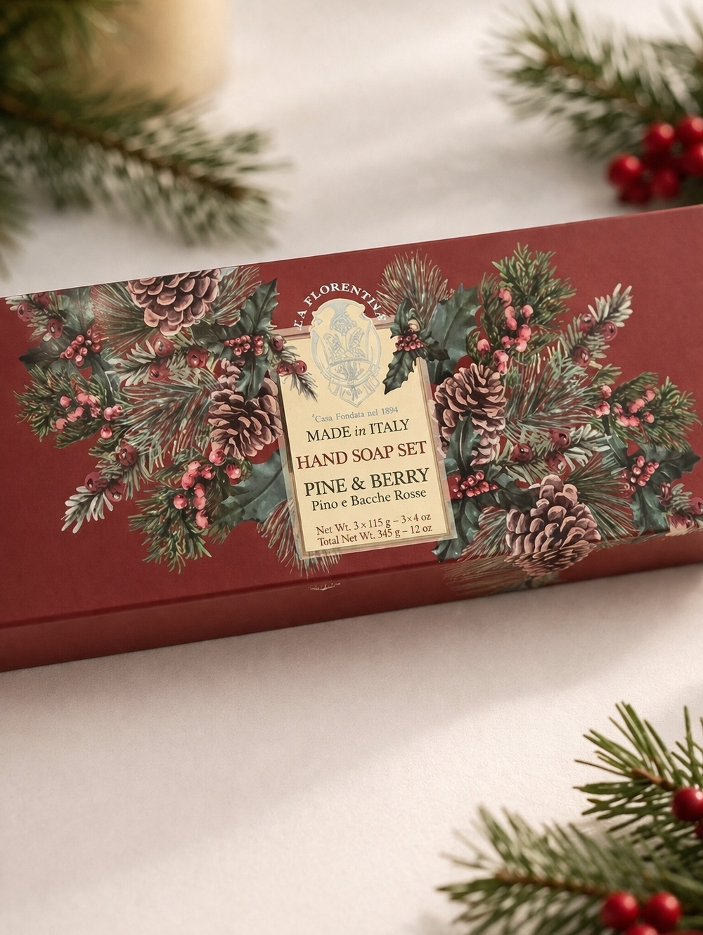 La Florentina Pine & Berry Italian Soap Set 3 Bars Holiday Gift Made in Italy